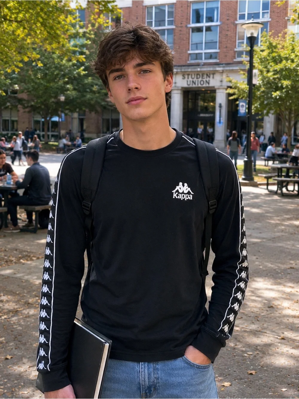 Kappa Black Long Sleeve Tee with White Logo Tape, Sz S, guc - Picture 2 of 6